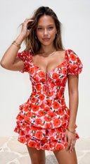 Your Peace Pink Floral Tiered Romper Dress close-up of floral print