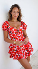 Your Peace Pink Floral Tiered Romper Dress full length front view on model