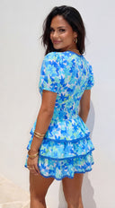 Solira Floral Tiered Mini Romper Dress in Blue close-up of floral print