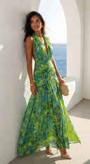 Capri Halter Tropical Print Maxi Dress in Lime Green stitching and texture close-up hemline and silhouette detail
