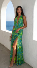 Capri Halter Tropical Print Maxi Dress in Lime Green full length three-quarter angle