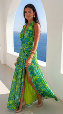 Capri Halter Tropical Print Maxi Dress in Lime Green fabric drape close-up hemline and silhouette detail