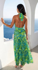 Capri Halter Tropical Print Maxi Dress in Lime Green stitching and texture close-up hemline and silhouette d additional angle