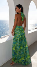 Capri Halter Tropical Print Maxi Dress in Lime Green back view on model