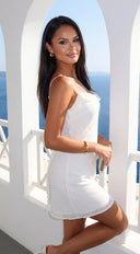 Zarelle Chiffon Mini Dress in Cream hemline and silhouette detail