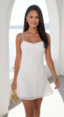 Zarelle Chiffon Mini Dress in Cream full length front view on model