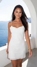 Zarelle Chiffon Mini Dress in Cream close-up of neckline and shoulder detail