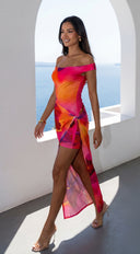 Solmira Mesh Off Shoulder Maxi Dress in Pink Multi side profile view on model