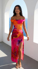 Solmira Mesh Off Shoulder Maxi Dress in Pink Multi stitching and texture close-up hemline and silhouette detail