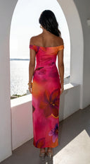 Solmira Mesh Off Shoulder Maxi Dress in Pink Multi styled outfit flat lay