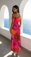 Solmira Mesh Off Shoulder Maxi Dress in Pink Multi hemline and silhouette detail