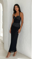 Zelara Polka Dot Twist Halter Maxi Dress in Black close-up of neckline and shoulder detail