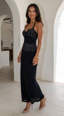 Zelara Polka Dot Twist Halter Maxi Dress in Black fabric drape close-up hemline and silhouette detail