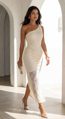 Solvèra Lace One Shoulder Midi Dress in Pale Yellow close-up of neckline and shoulder detail