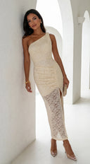 Solvèra Lace One Shoulder Midi Dress in Pale Yellow stitching and texture close-up hemline and silhouette detail