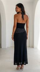 Zelara Polka Dot Twist Halter Maxi Dress in Black styled look from behind