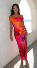 Solmira Mesh Off Shoulder Maxi Dress in Pink Multi back view on model