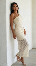 Solvèra Lace One Shoulder Midi Dress in Pale Yellow styled outfit flat lay