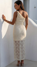 Solvèra Lace One Shoulder Midi Dress in Pale Yellow side profile view on model