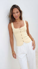Sireya Button Up Knit Top in Yellow styled outfit flat lay