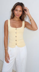 Sireya Button Up Knit Top in Yellow close-up of ribbed knit texture