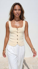 Sireya Button Up Knit Top in Yellow side profile view on model
