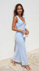 Elyra Floral Burnout Halter Maxi Dress in Blue styled outfit flat lay