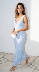 Elyra Floral Burnout Halter Maxi Dress in Blue detail shot of stitching and finish hemline and silhouette de additional angle