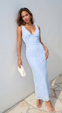 Elyra Floral Burnout Halter Maxi Dress in Blue styled look from behind