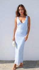 Elyra Floral Burnout Halter Maxi Dress in Blue seam and edge finishing detail