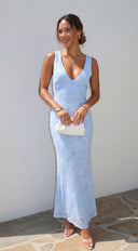 Elyra Floral Burnout Halter Maxi Dress in Blue front panel and closure detail
