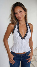 Valette Polka Dot Lace Halter Top in White close-up of lace detailing