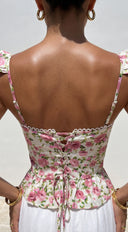Zala Floral Corset Ruffle Top in Cream close-up of neckline and shoulder detail