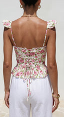Zala Floral Corset Ruffle Top in Cream hemline and silhouette detail