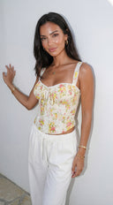 Virelia Floral Lace Corset Top in Yellow Multi full length front view on model