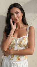 Virelia Floral Lace Corset Top in Yellow Multi stitching and texture close-up hemline and silhouette detail