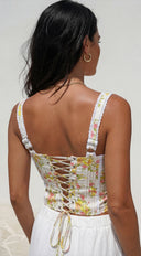 Virelia Floral Lace Corset Top in Yellow Multi close-up of neckline and shoulder detail