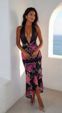 Noiréva Lace Halter Floral Maxi Dress in Black Multi back view on model