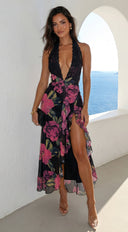Noiréva Lace Halter Floral Maxi Dress in Black Multi detail shot of lace overlay hemline and silhouette deta additional angle
