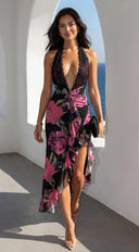 Noiréva Lace Halter Floral Maxi Dress in Black Multi close-up of lace detailing hemline and silhouette detai additional angle