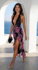 Noiréva Lace Halter Floral Maxi Dress in Black Multi full length front view on model