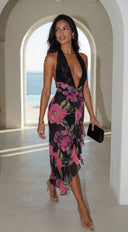 Noiréva Lace Halter Floral Maxi Dress in Black Multi close-up of lace detailing