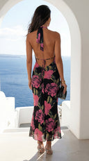 Noiréva Lace Halter Floral Maxi Dress in Black Multi embellishment and trim close-up