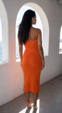 Sana Ribbed Side Slit Cami Midi Dress in Orange close-up of neckline and shoulder detail