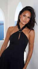 Aurelix Ring Halter Mini Dress in Black styled outfit flat lay
