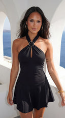Aurelix Ring Halter Mini Dress in Black flat lay product shot