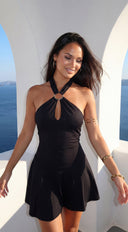 Aurelix Ring Halter Mini Dress in Black stitching and texture close-up flat lay product shot additional angle
