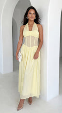 Aurevyn Halter Mesh Maxi Dress in Butter Yellow side profile view on model