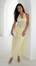 Aurevyn Halter Mesh Maxi Dress in Butter Yellow styled outfit flat lay