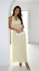 Aurevyn Halter Mesh Maxi Dress in Butter Yellow close-up of mesh panel detail